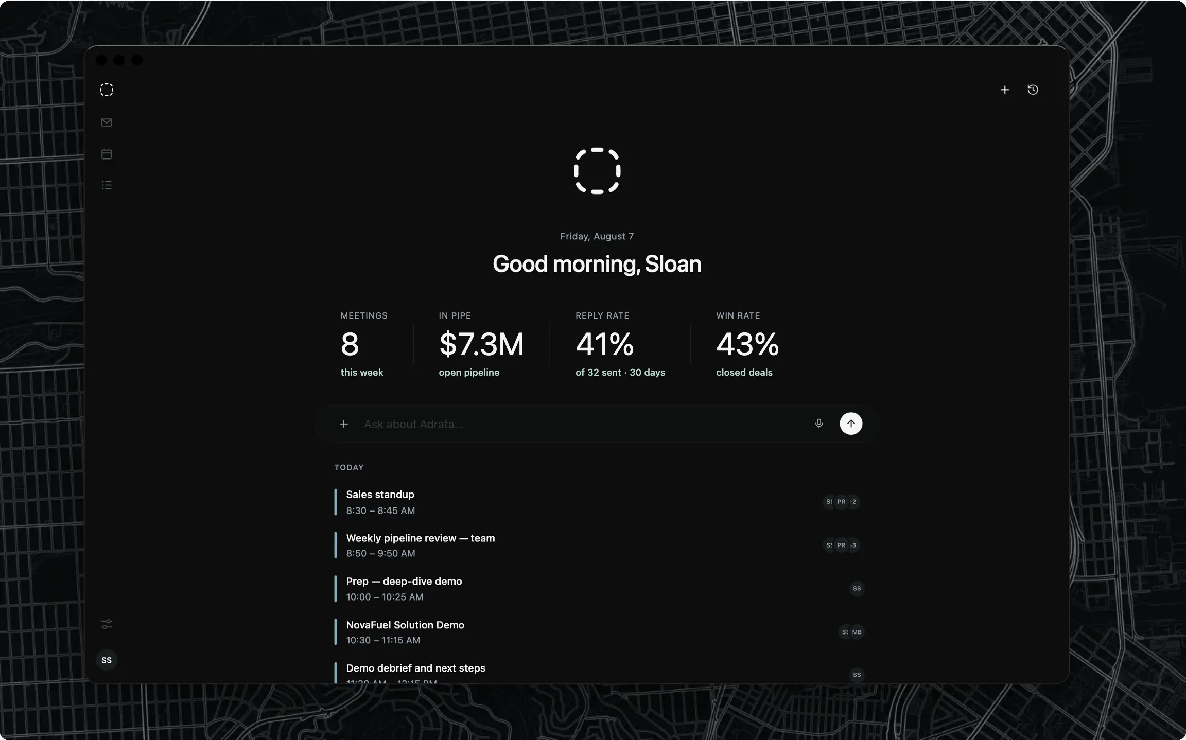 The Adrata workspace: Nico's meetings, open pipeline, reply rate, win rate, and today's priorities
