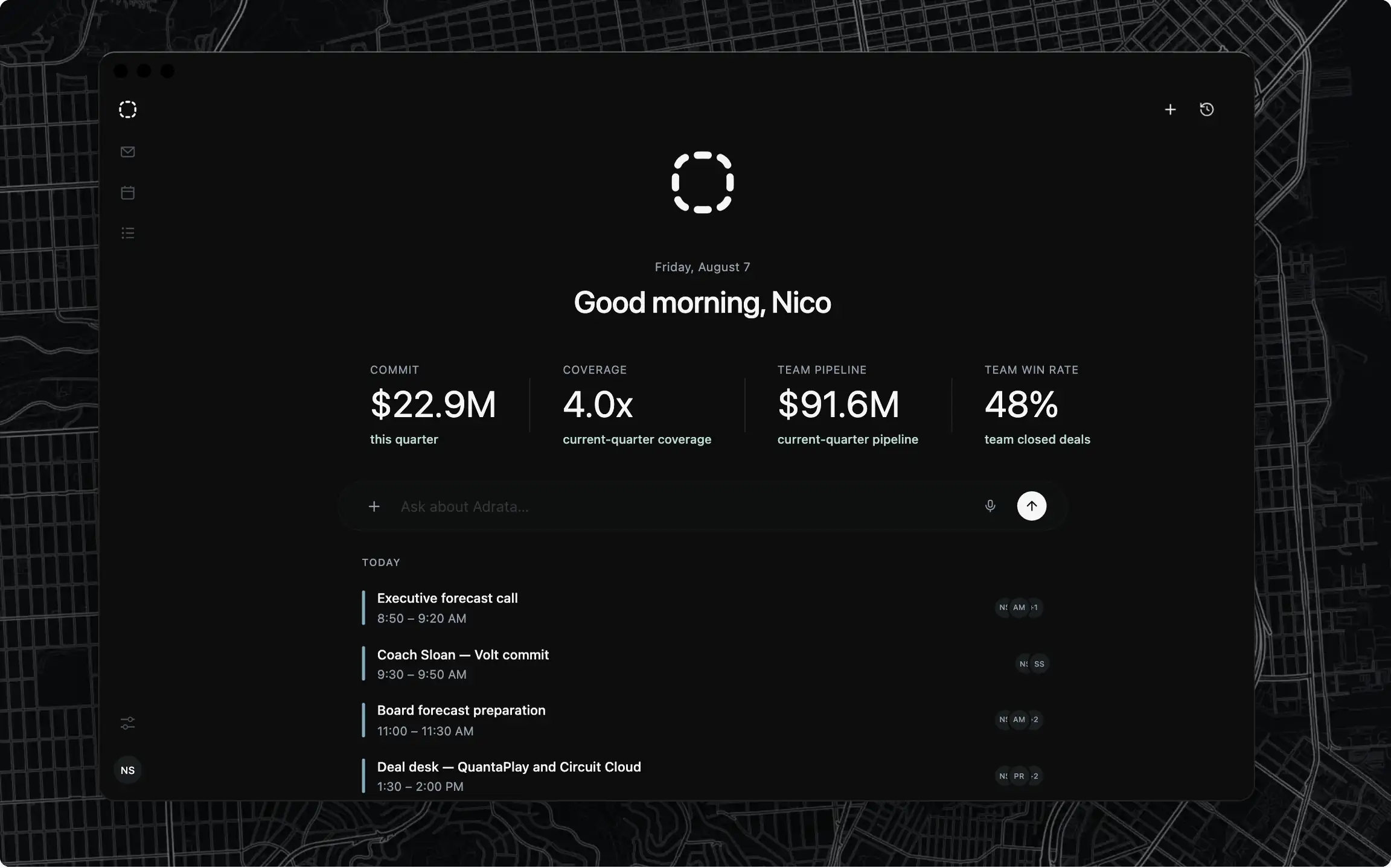 The Starfield workspace: revenue leader Nico Sylvester's team — $22.9M current-quarter commit, $91.6M current-quarter pipeline, 4.0x coverage, a 48% team win rate, and today’s leadership priorities