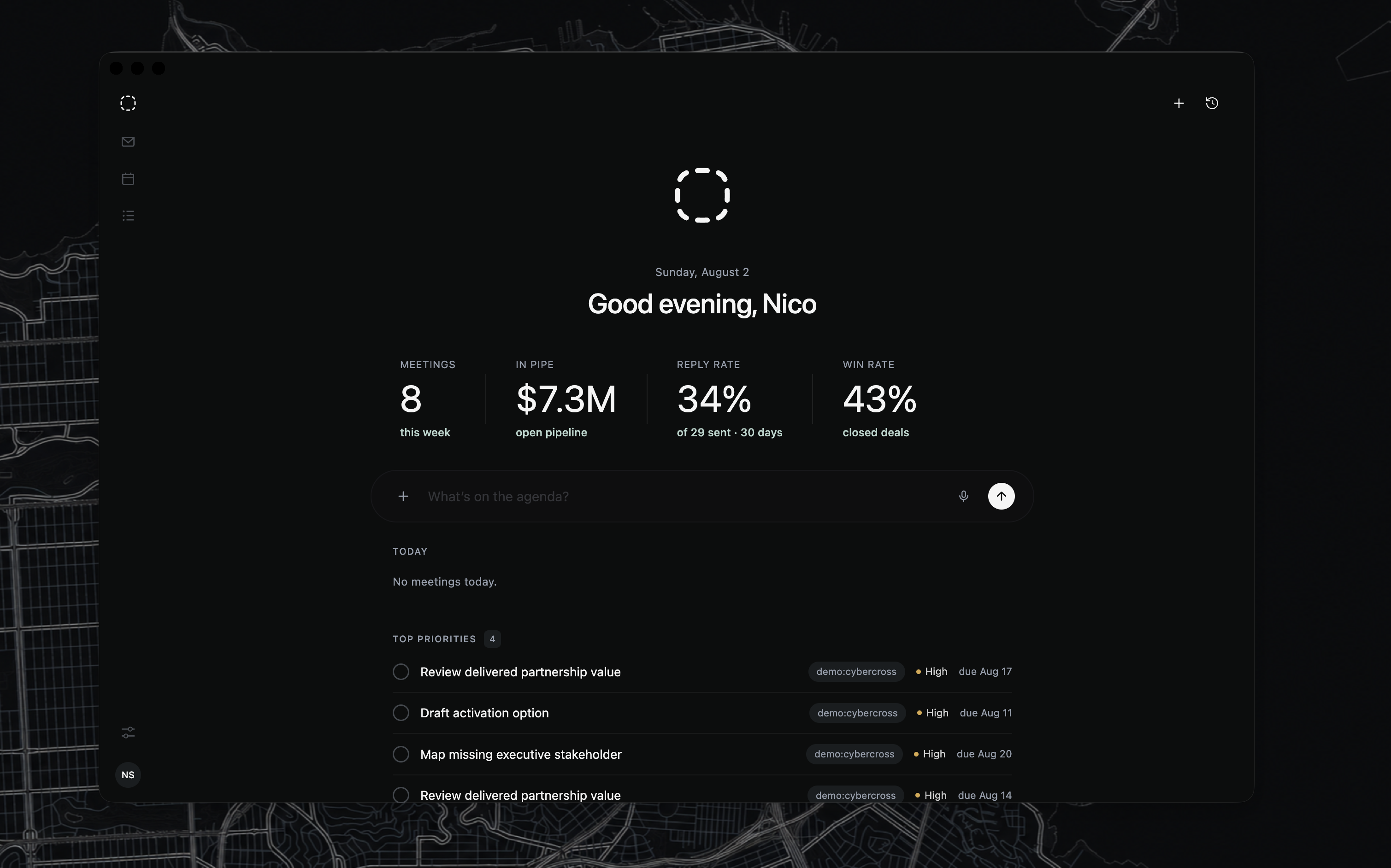 Adrata workspace showing Nico's pipeline, meetings, reply rate, win rate, and priorities